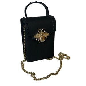 Black Bee Embellished Crossbody Bag with gold chain strap
